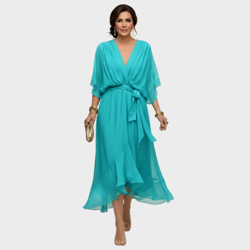 Damen Midi Chiffonkleid mit V Ausschnitt und Bindegürtel