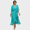 Damen Midi Chiffonkleid mit V Ausschnitt und Bindegürtel
