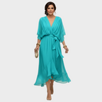 Damen Midi Chiffonkleid mit V Ausschnitt und Bindegürtel