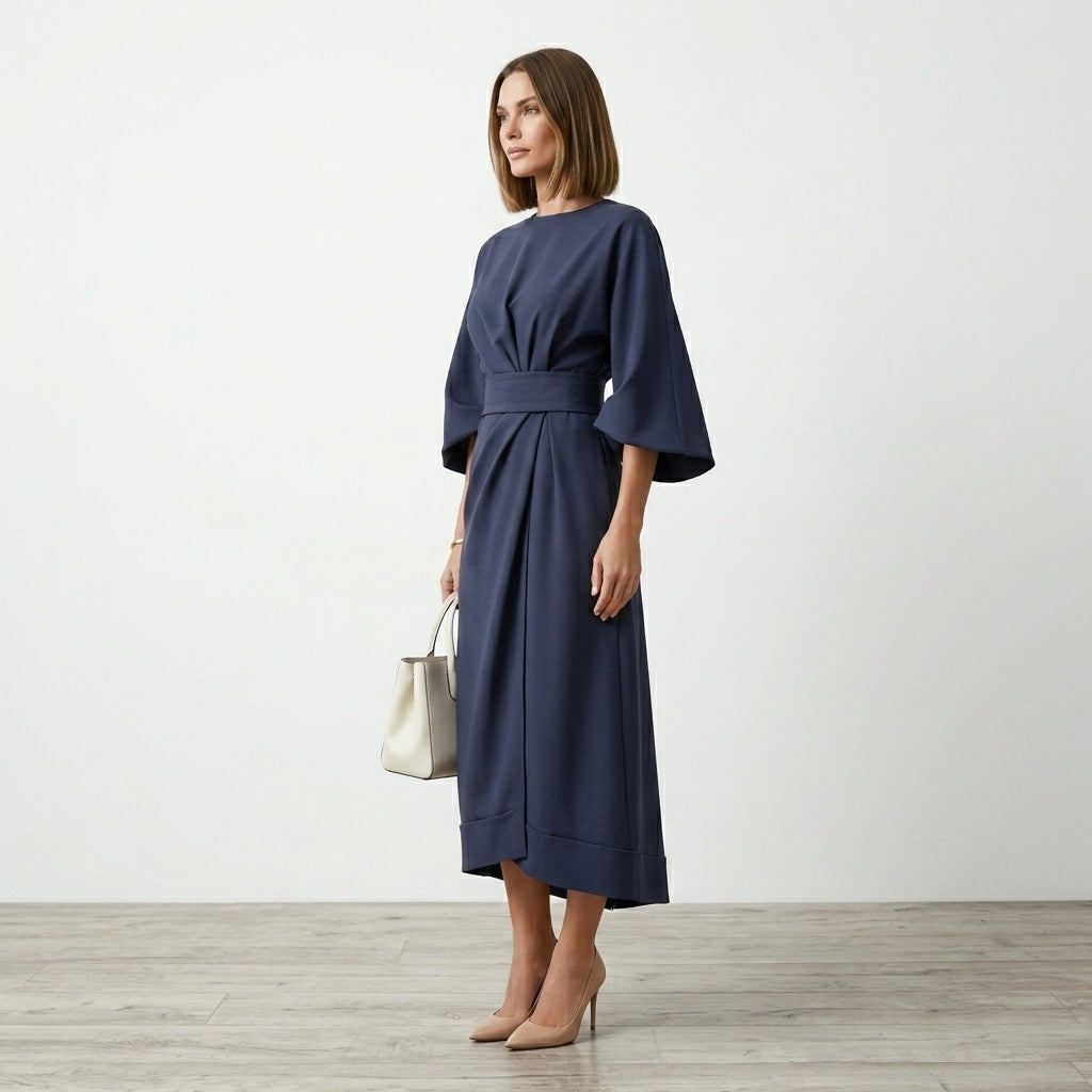 Damen Midikleid mit Bindegürtel und A-Linie