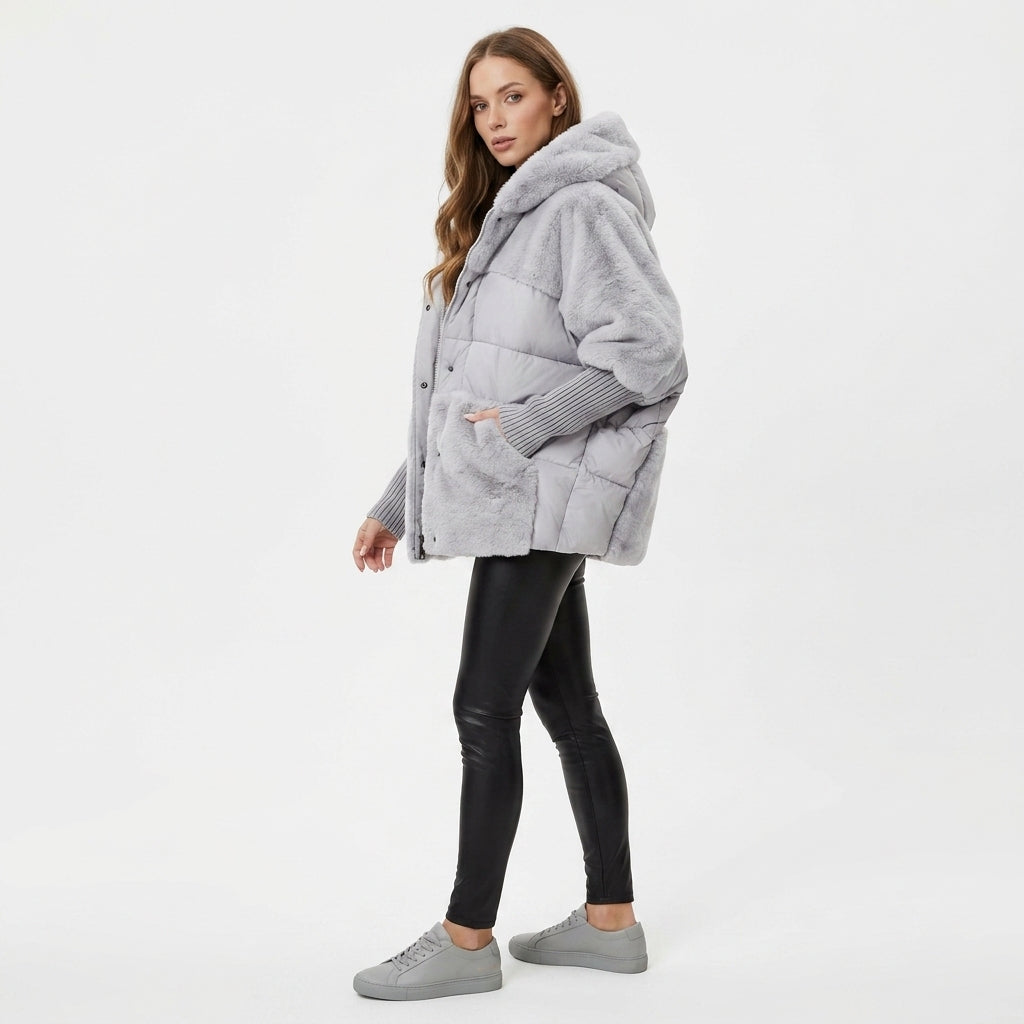Damen Steppjacke mit Kapuze und Fleecebesatz