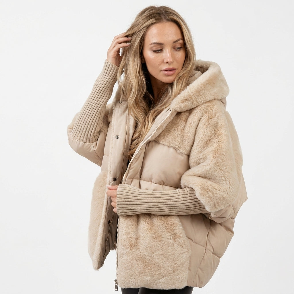 Damen Steppjacke mit Kapuze und Fleecebesatz