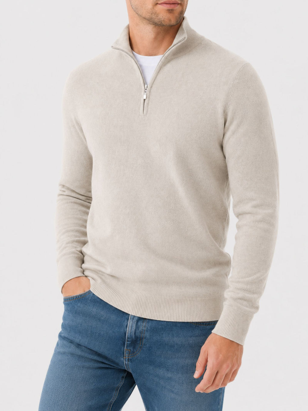 Herren warmer Pullover mit V Ausschnitt und Reissverschluss