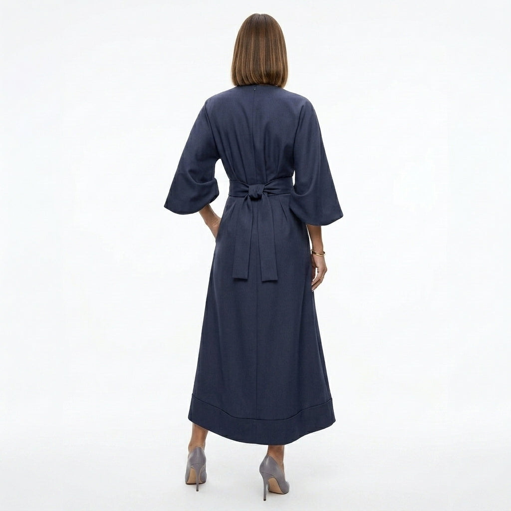 Damen Midikleid mit Bindegürtel und A-Linie
