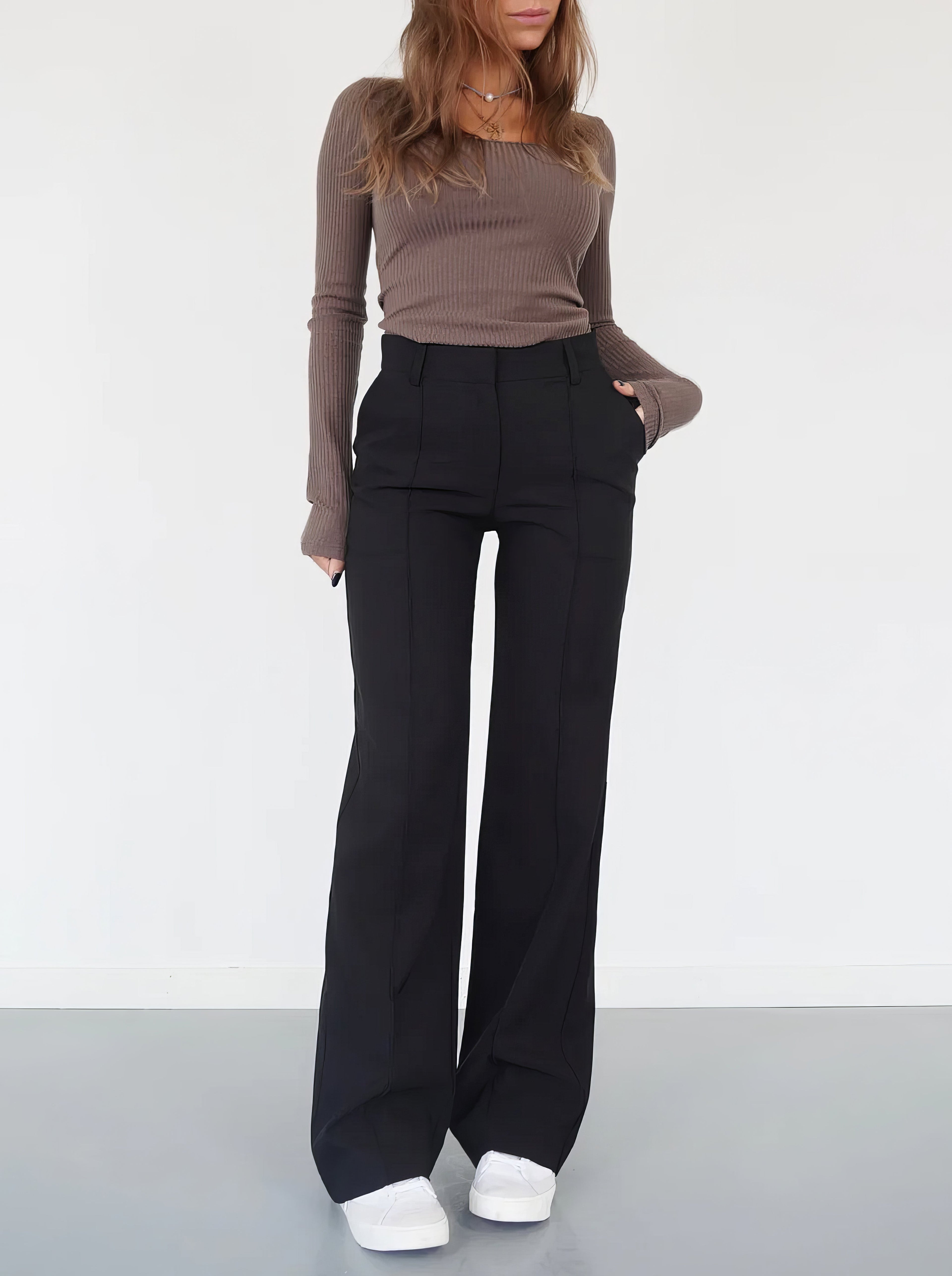 Damen High Waist Hose mit geradem Bein