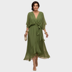 Damen Midi Chiffonkleid mit V Ausschnitt und Bindegürtel
