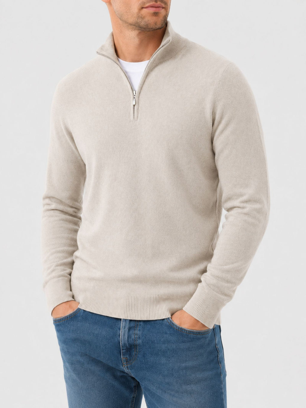 Herren warmer Pullover mit V Ausschnitt und Reissverschluss