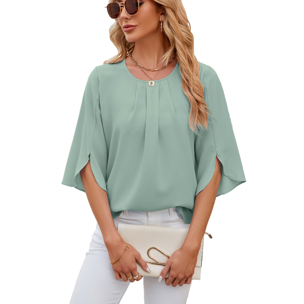 Leichte Fließende Unifarbene Rundhals Dreiviertelarm Chiffon Bluse