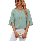 Leichte Fließende Unifarbene Rundhals Dreiviertelarm Chiffon Bluse