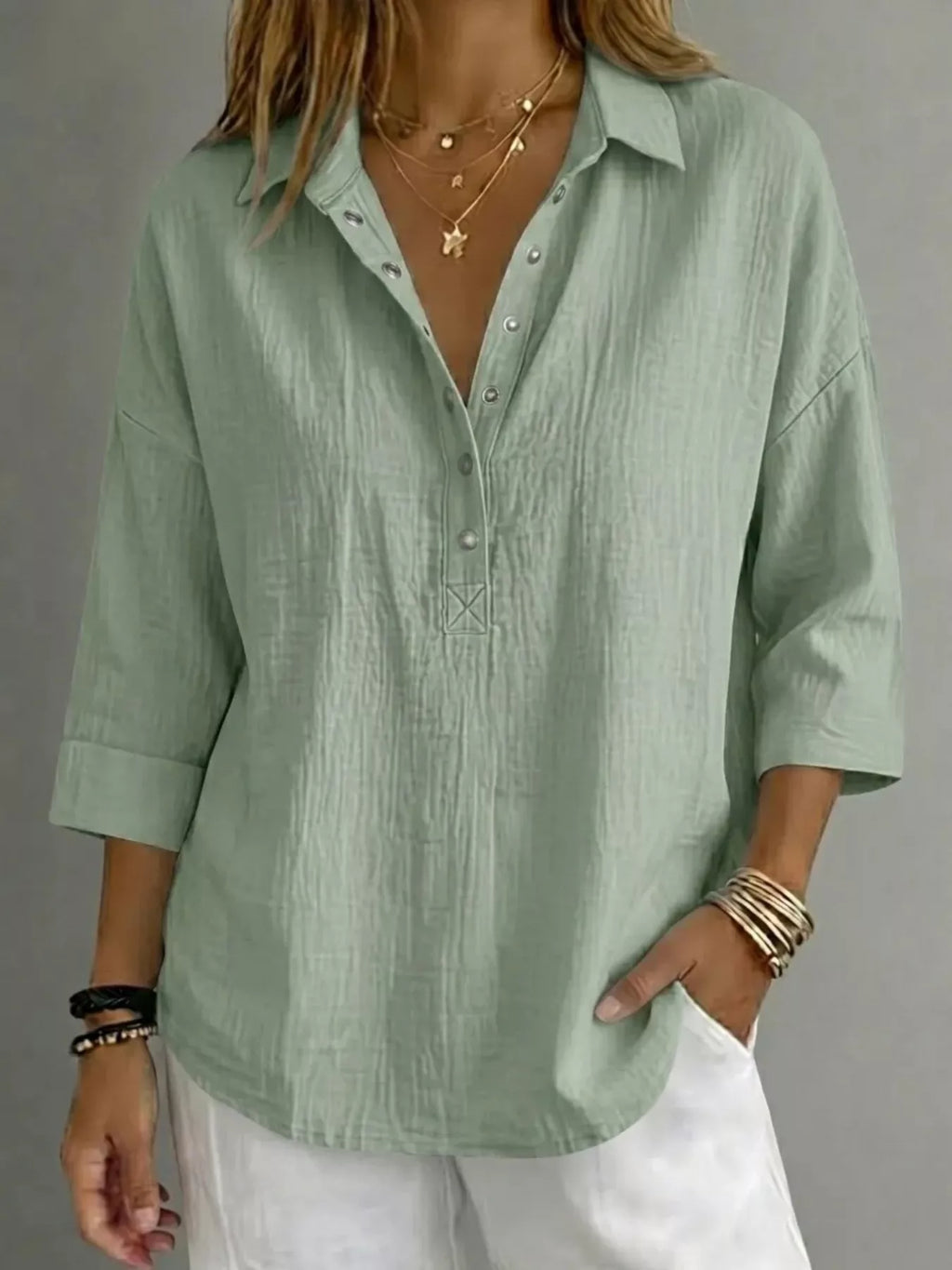 Damen Bluse mit Knopfleiste und 3/4-Ärmeln