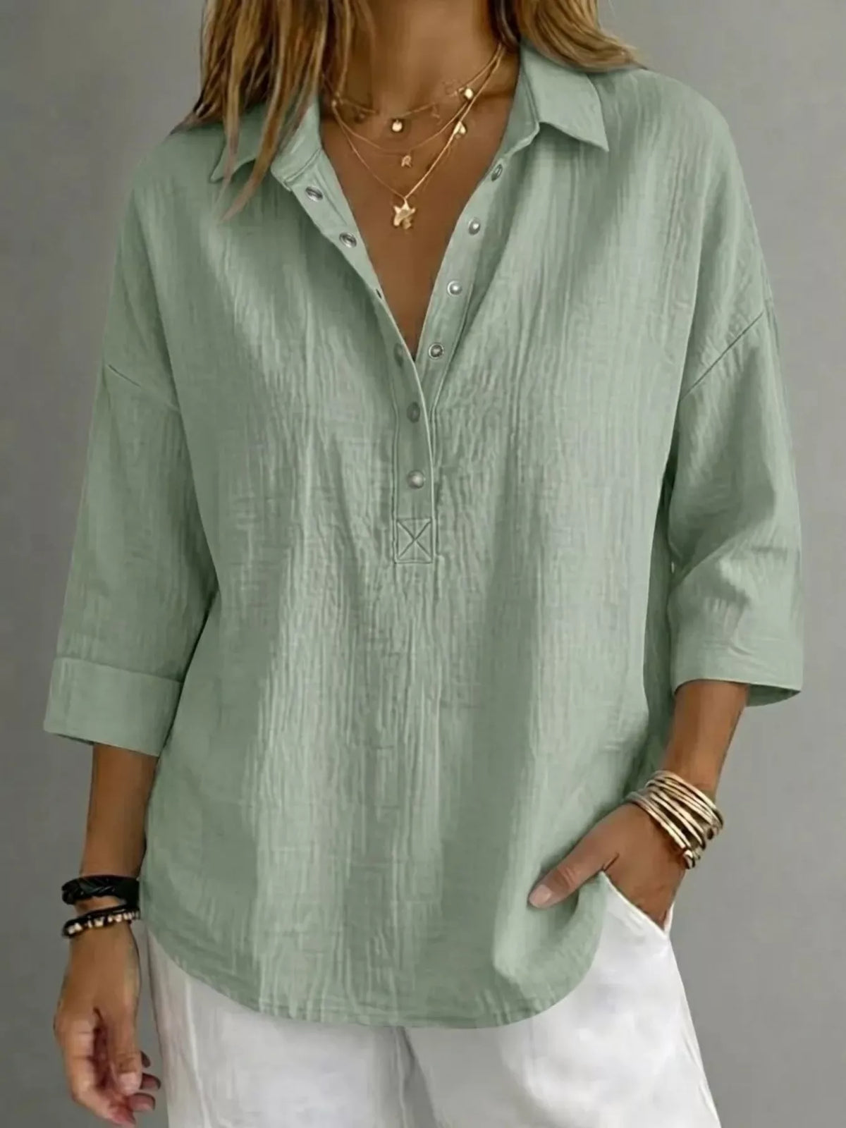 Damen Bluse mit Knopfleiste und 3/4-Ärmeln