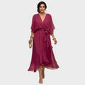 Damen Midi Chiffonkleid mit V Ausschnitt und Bindegürtel