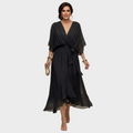 Damen Midi Chiffonkleid mit V Ausschnitt und Bindegürtel