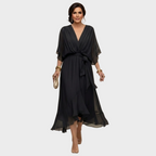 Damen Midi Chiffonkleid mit V Ausschnitt und Bindegürtel