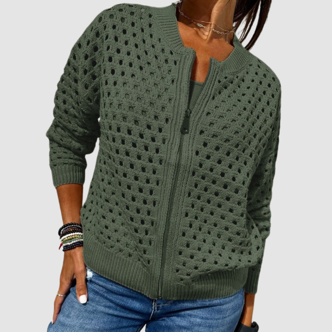 Damen Strickjacke mit Reissverschluss und Lochmuster