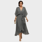 Damen Midi Chiffonkleid mit V Ausschnitt und Bindegürtel