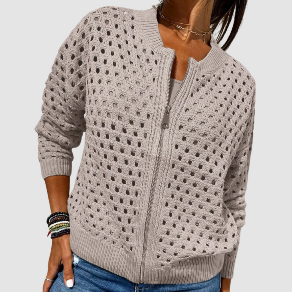 Damen Strickjacke mit Reissverschluss und Lochmuster