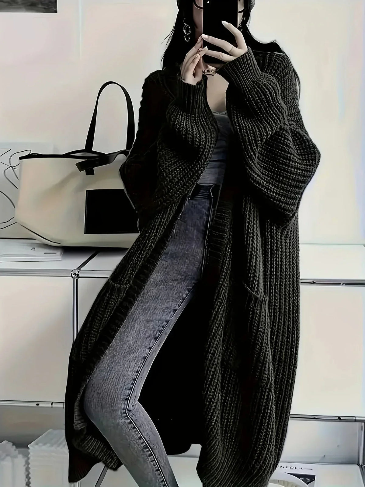 Damen Langcardigan oversize mit Rippstrick