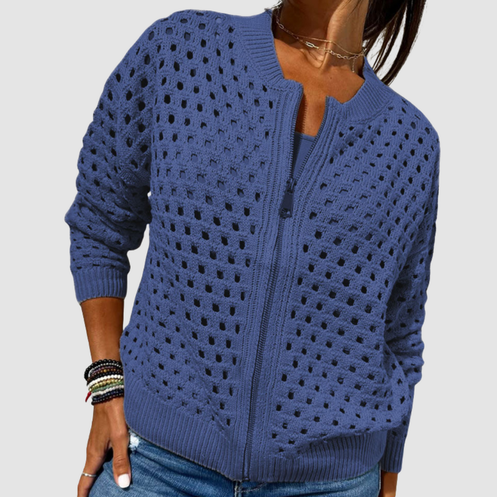 Damen Strickjacke mit Reissverschluss und Lochmuster
