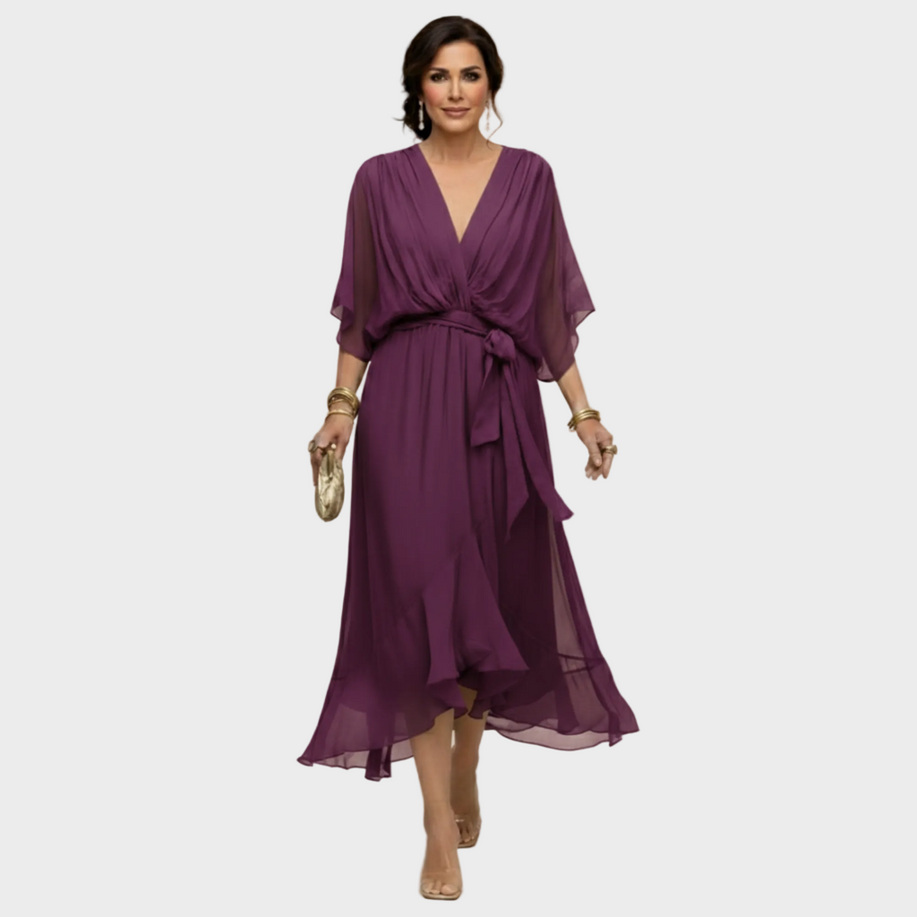 Damen Midi Chiffonkleid mit V Ausschnitt und Bindegürtel