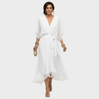 Damen Midi Chiffonkleid mit V Ausschnitt und Bindegürtel
