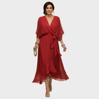 Damen Midi Chiffonkleid mit V Ausschnitt und Bindegürtel