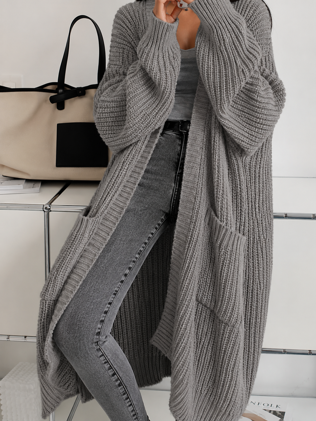 Damen Langcardigan oversize mit Rippstrick