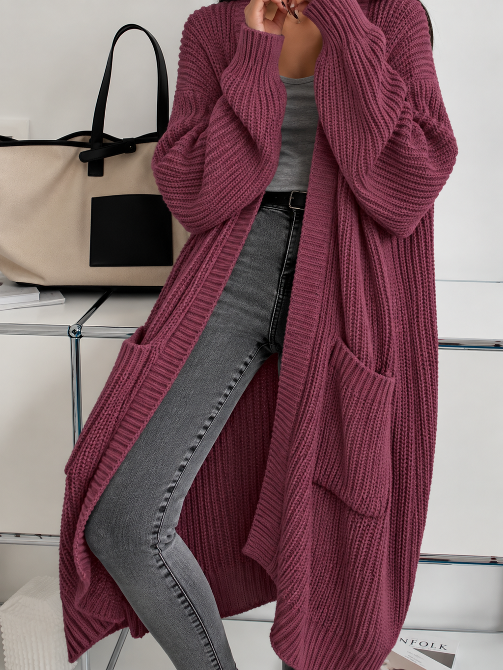 Damen Langcardigan oversize mit Rippstrick