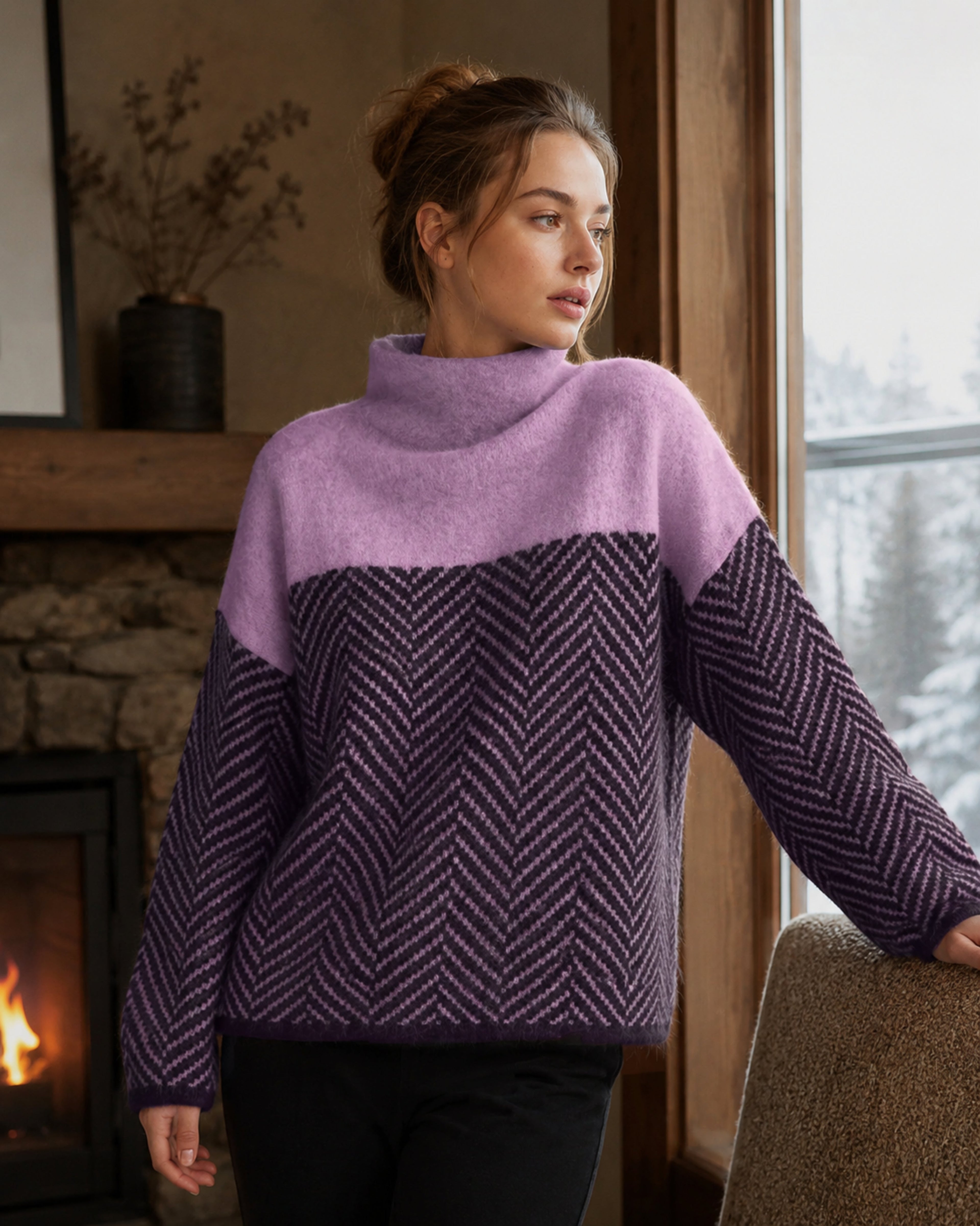 Damen Kaschmir Rollkragenpullover mit Chevron Muster