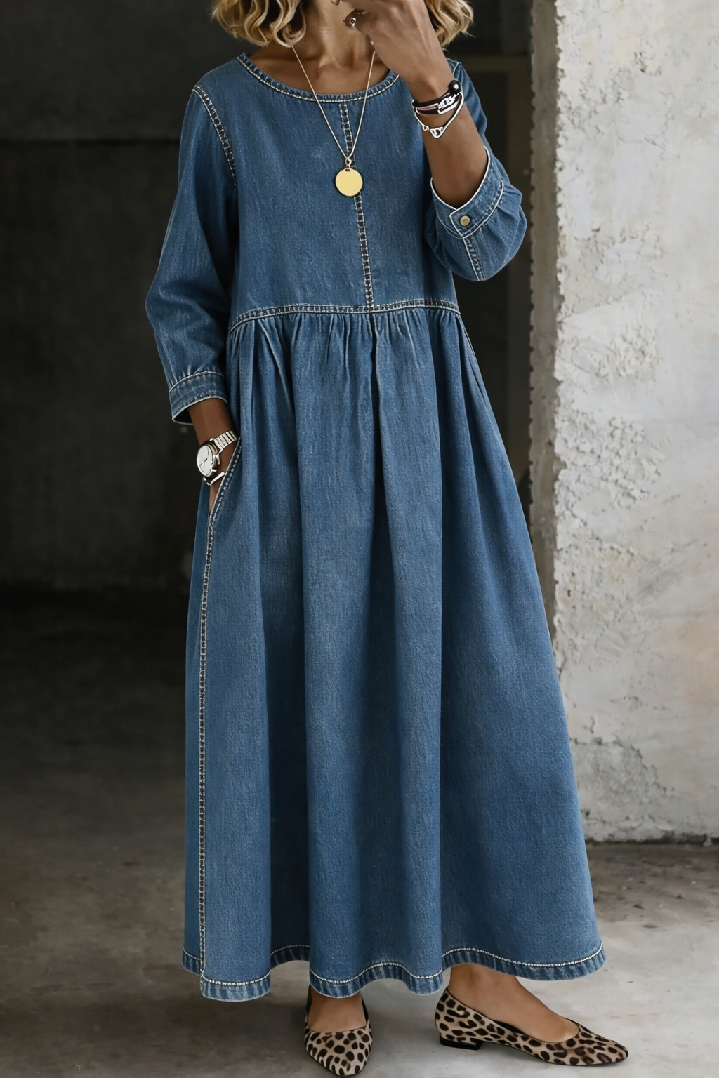 Damen Langarm Smock Kleid Maxi