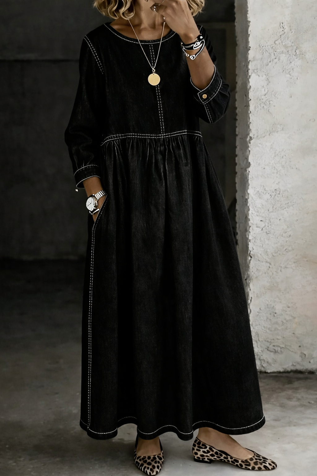 Damen Langarm Smock Kleid Maxi