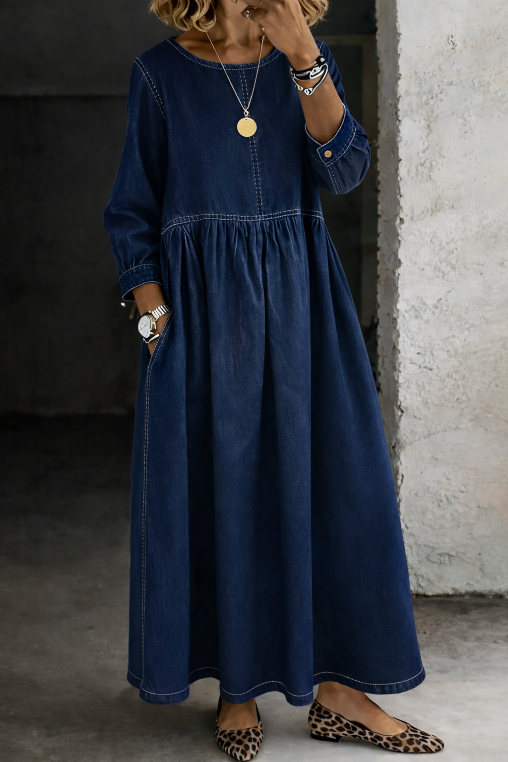 Damen Langarm Smock Kleid Maxi