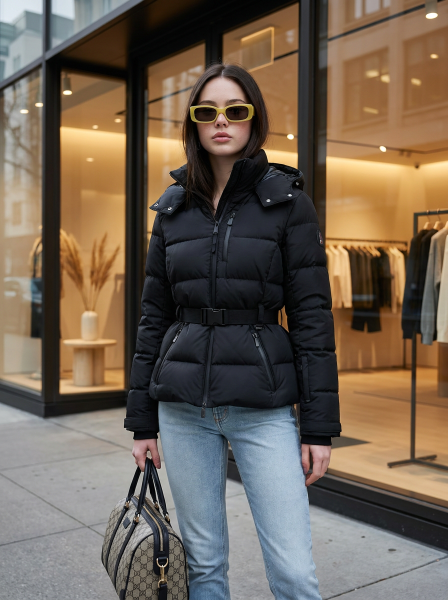 Damen Steppjacke mit Gürtel und Kapuze