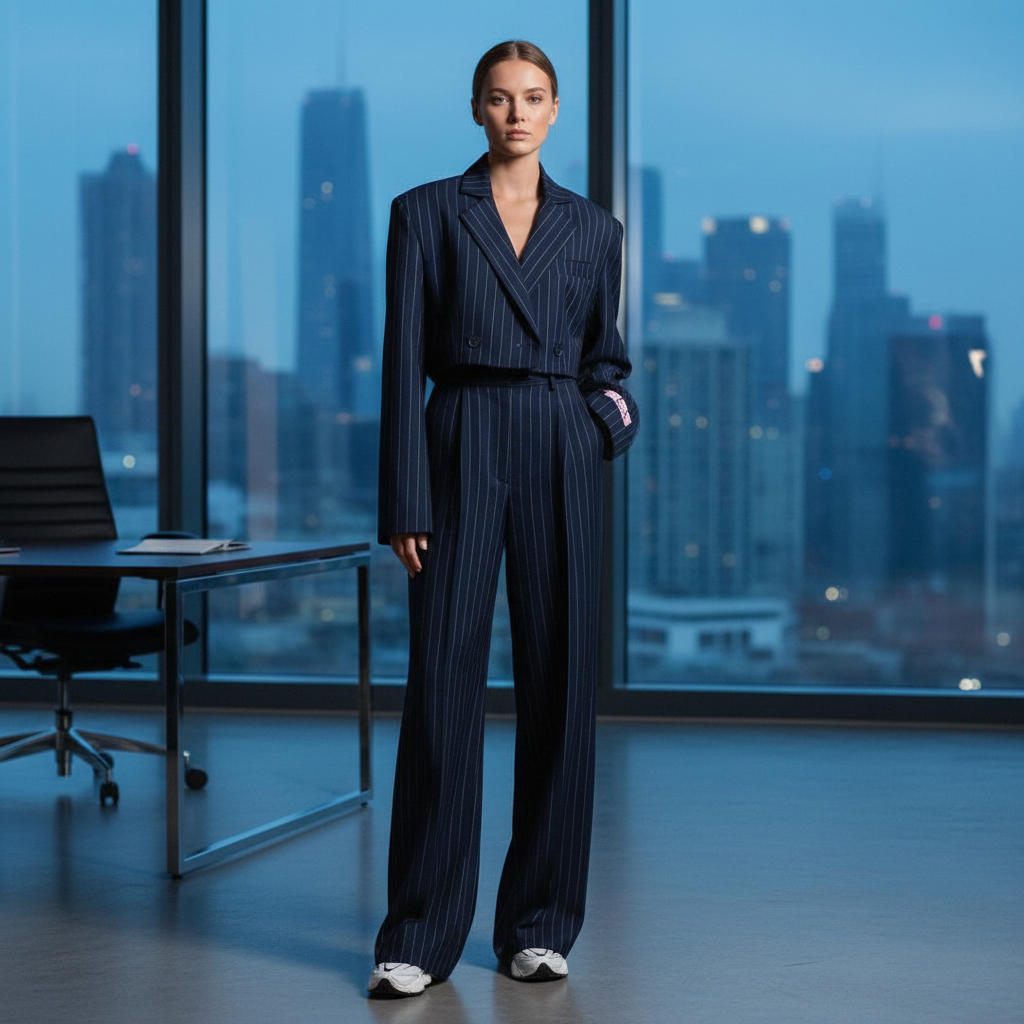 Damen Hosenanzug mit Nadelstreifen und weiter Hose