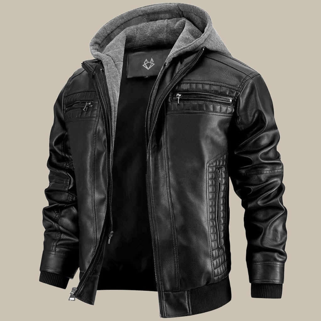 Herren Lederjacke mit Kapuze und Reissverschluss