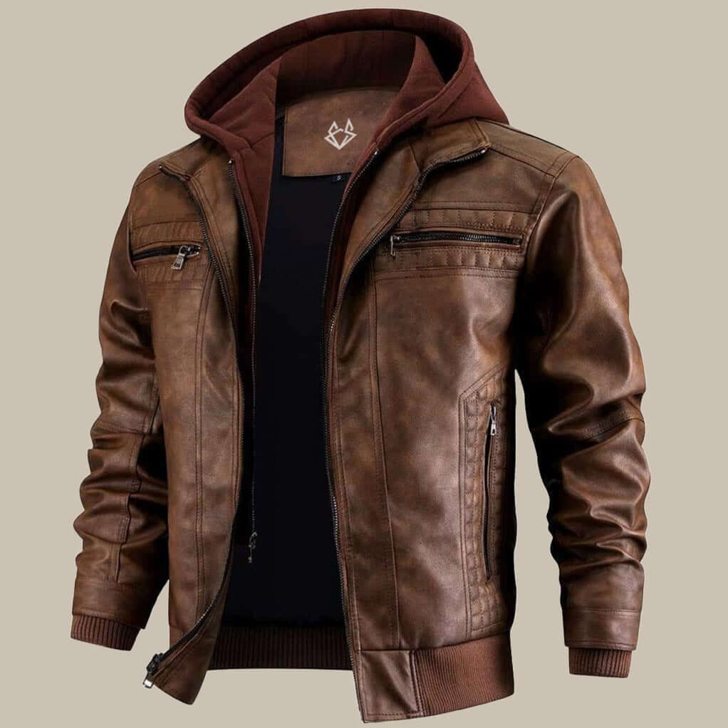 Herren Lederjacke mit Kapuze und Reissverschluss