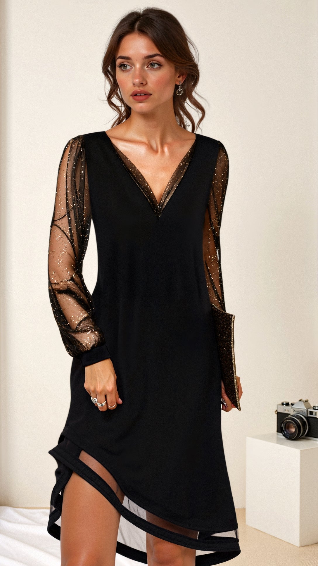 Damen Abendkleid mit Pailletten-Ärmeln