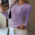 Damen Feinripp Pullover mit V Ausschnitt und Zopfmuster