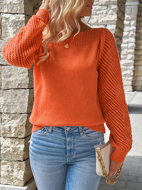 Damen Feinripp Pullover mit Ajour Puffärmeln und Bootsausschnitt