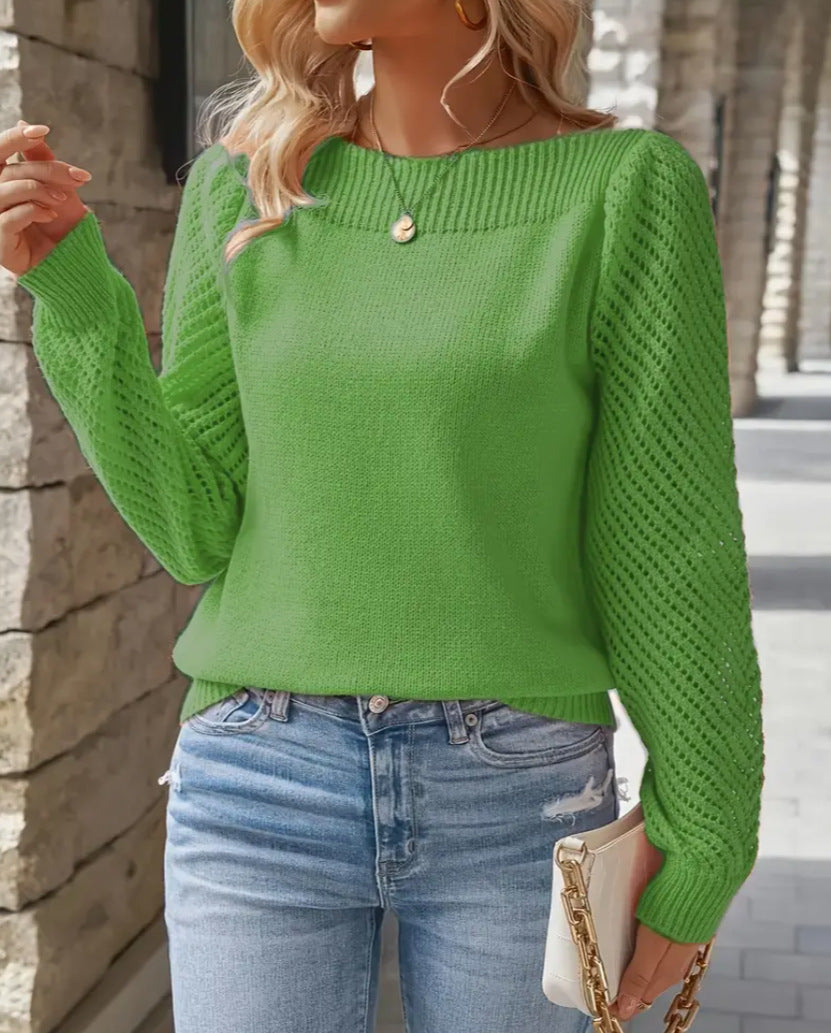Damen Feinripp Pullover mit Ajour Puffärmeln und Bootsausschnitt