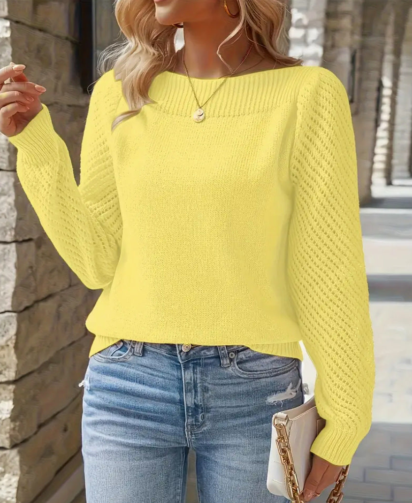 Damen Feinripp Pullover mit Ajour Puffärmeln und Bootsausschnitt