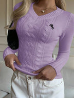 Damen Feinripp Pullover mit V Ausschnitt und Zopfmuster