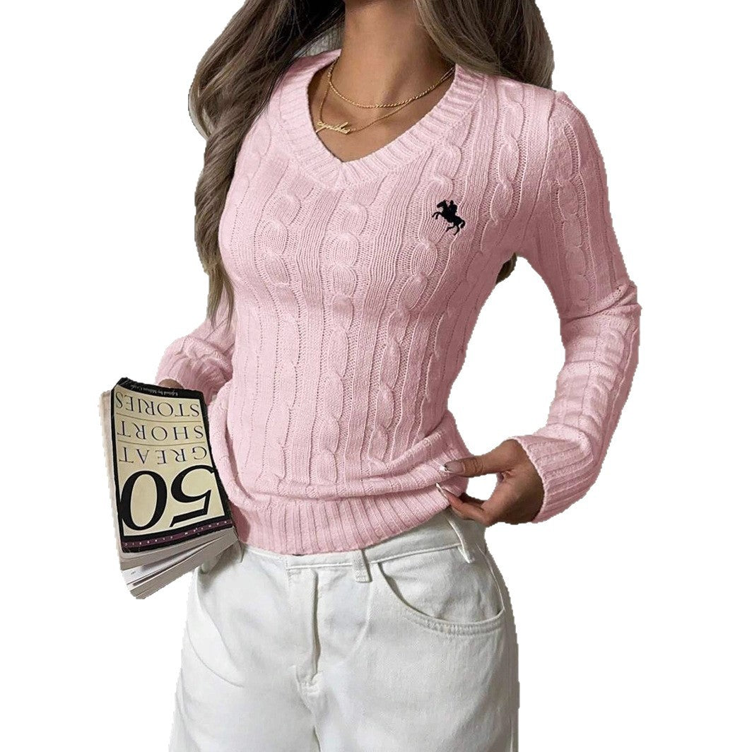 Damen Feinripp Pullover mit V Ausschnitt und Zopfmuster