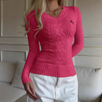 Damen Feinripp Pullover mit V Ausschnitt und Zopfmuster