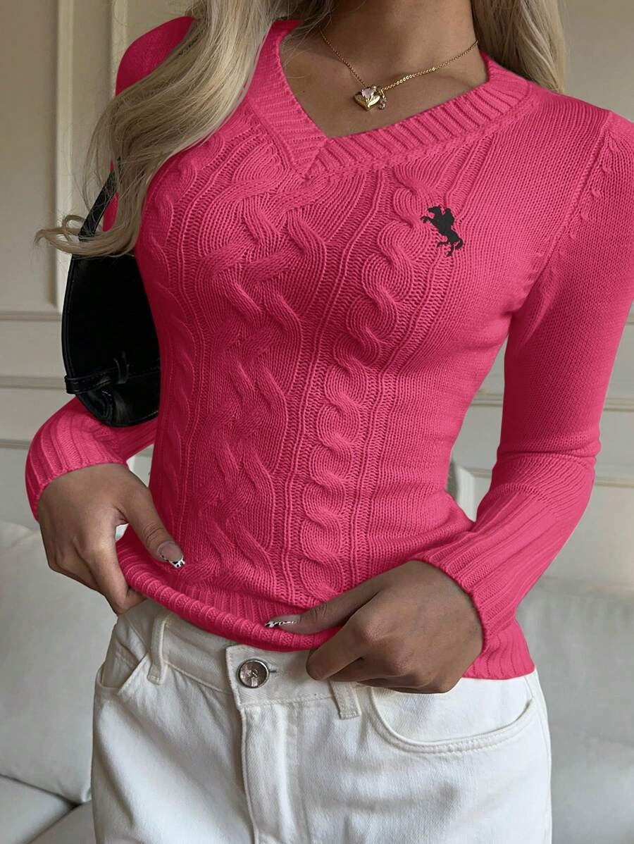 Damen Feinripp Pullover mit V Ausschnitt und Zopfmuster