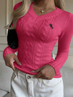 Damen Feinripp Pullover mit V Ausschnitt und Zopfmuster