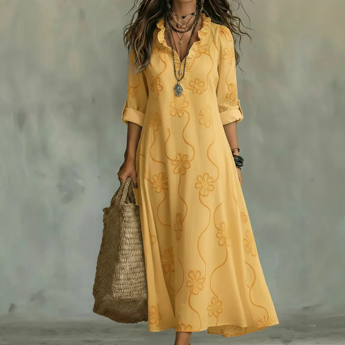 Damen Maxikleid mit Blumenstickerei