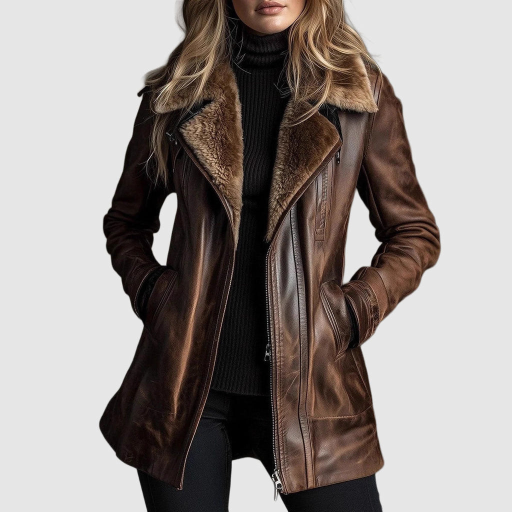 Damen Lederjacke mit Fellkragen