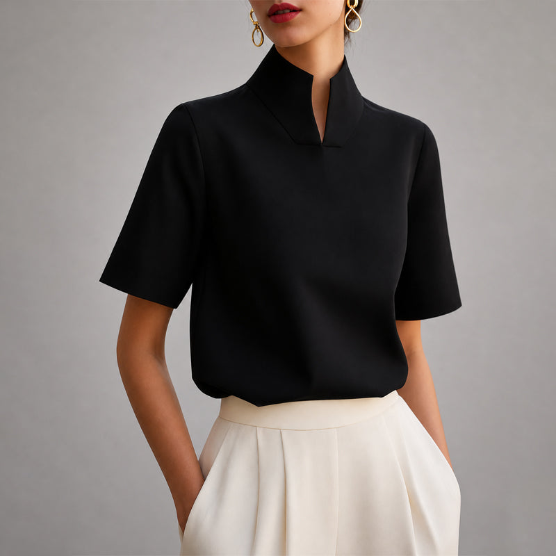 Damen Bluse mit Stehkragen und V-Ausschnitt