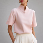 Damen Bluse mit Stehkragen und V-Ausschnitt